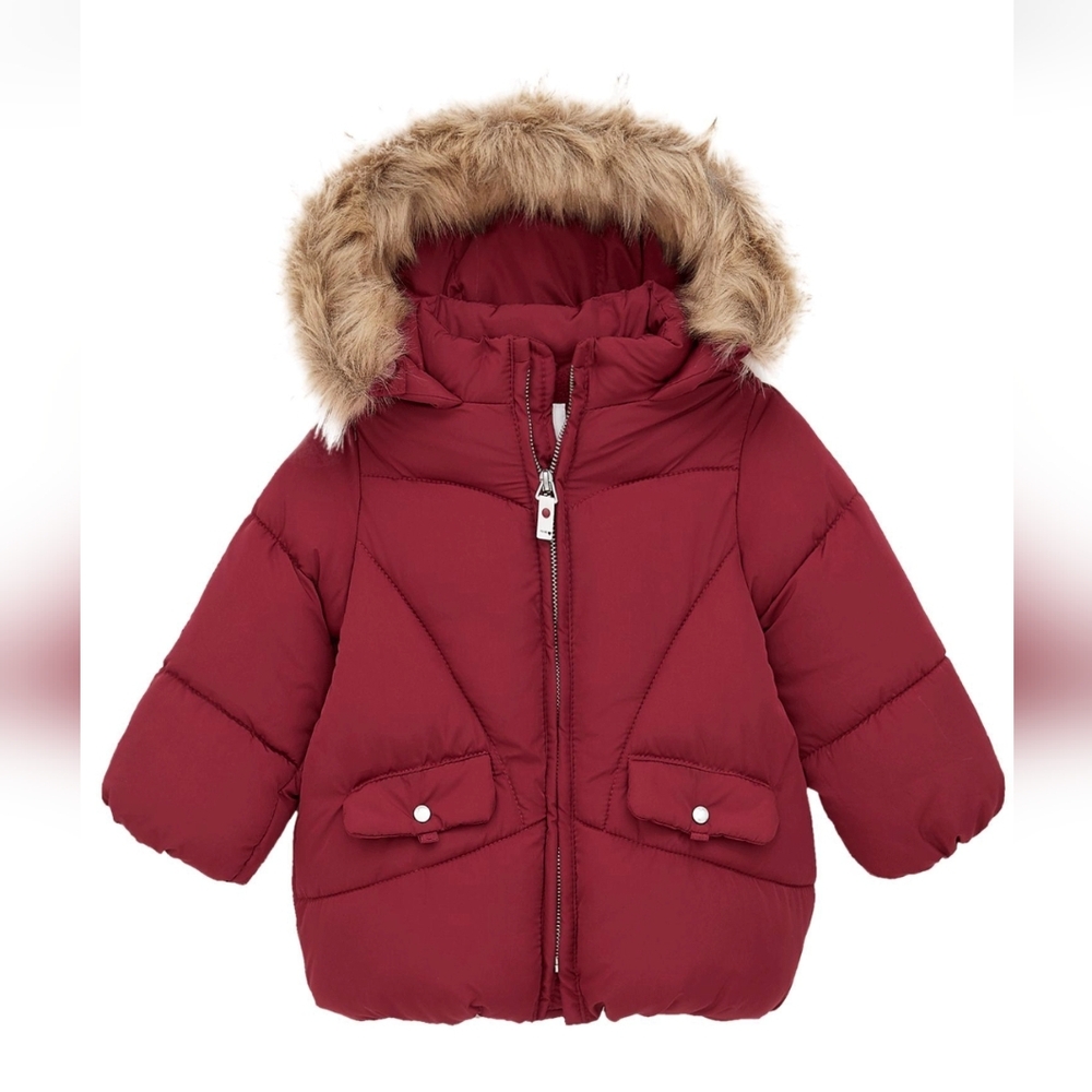 Zara Baby Girl Deep Red Jacket with Faux Fur Trim